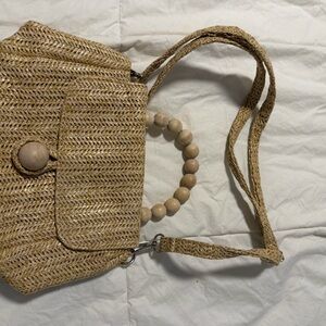 Woven Straw Crossbody Bag with Bead Handle - Natural